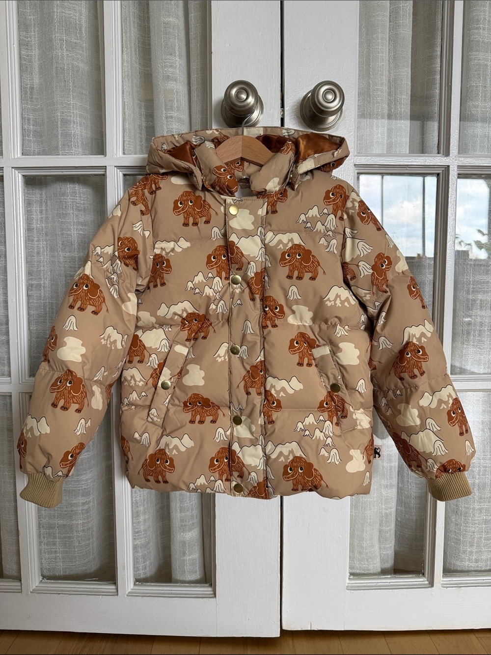 Mini Rodini Beige Mammoth-Print Hooded Puffer Jacket